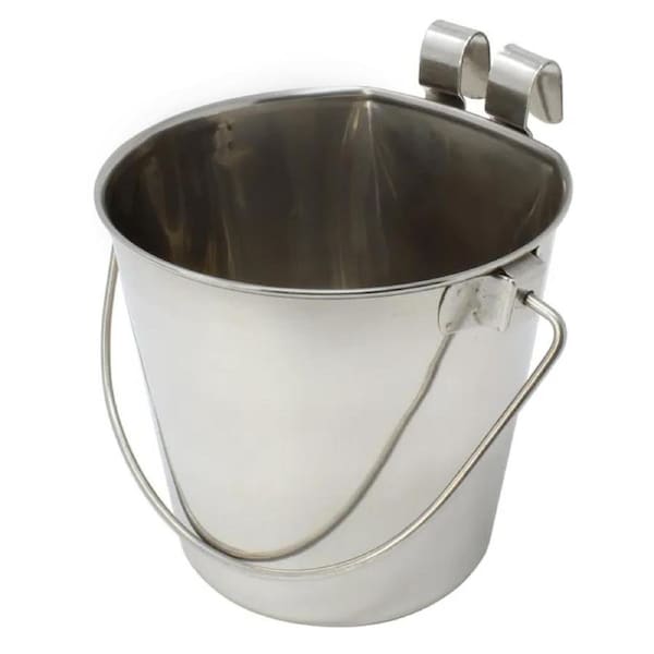 6L Flat Back Stainless Steel Hook Pet Drinking Bowl Hang Feeding Bucket w/Handle