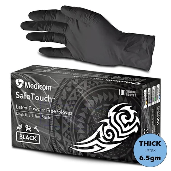 100pcs Medicom SafeTouch Black Latex Gloves Textured Latex Examination Gloves P/F - Large