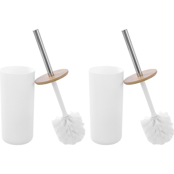 2x Boxsweden Bano Toilet Brush/Holder Bamboo Top 10.5x10.5x35cm Cleaner White