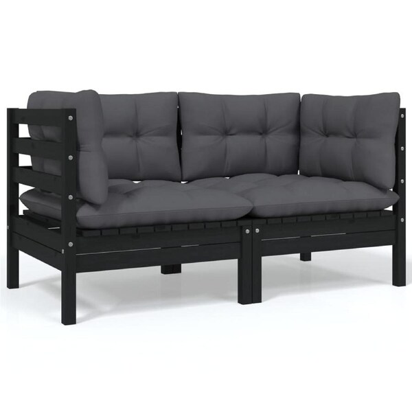 2-Seater Garden Sofa with Cushions Black Solid Pinewood vidaXL