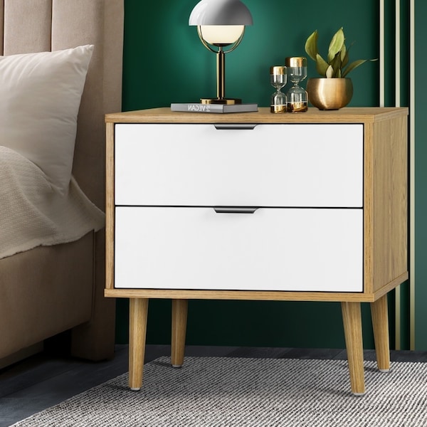 Oikiture Bedside Tables 2 Drawers Side Table Nightstand Storage Cabinet Wood