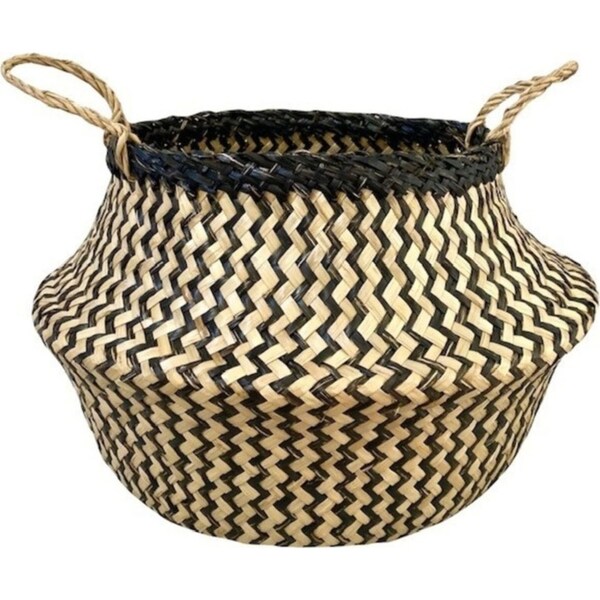 Round Belly Seagrass Storage Basket Natural Straw Folding - Chevron Black/natural