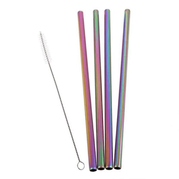 Appetito Stainless Steel Straight Smoothie Straws Set 4 With Brush Rainbow #3440RW