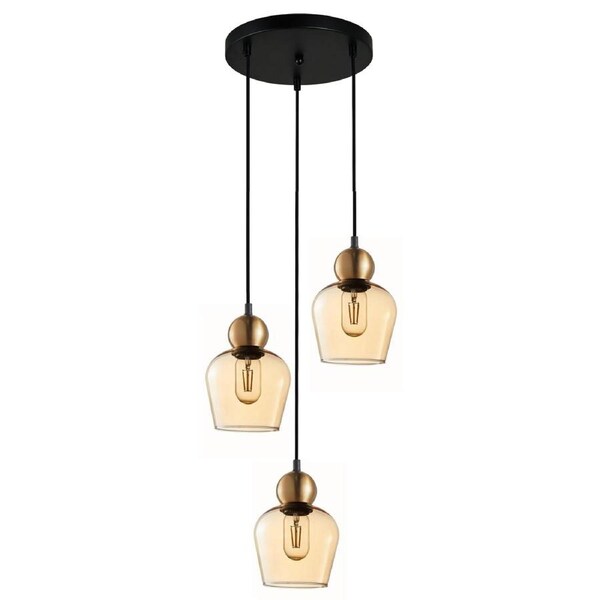 CHAMPAN1 Interior Bronze Amber Glass Ellipse Pendant Light- 3 lits Round