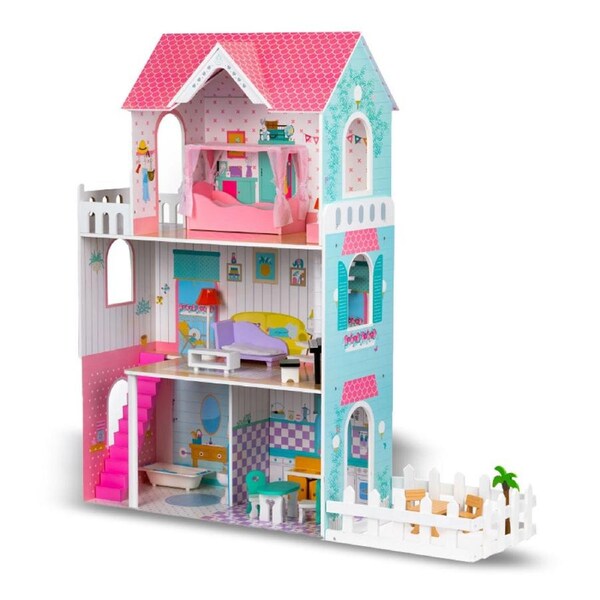 Large Wooden Dolls Doll House 3 Level Kids Pretend Play Toys Full Furniture Garden