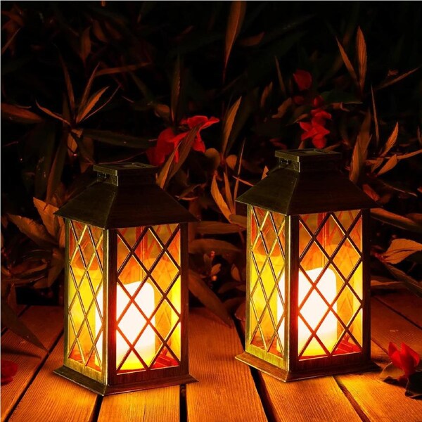Solar Lanterns, 2 Pack LED Solar Lights Outdoor, Hanging Lanterns Solar Powered with Handle, Waterproof Flickering Flameless Candle Mission Lights for Table Garden Patio Pathway