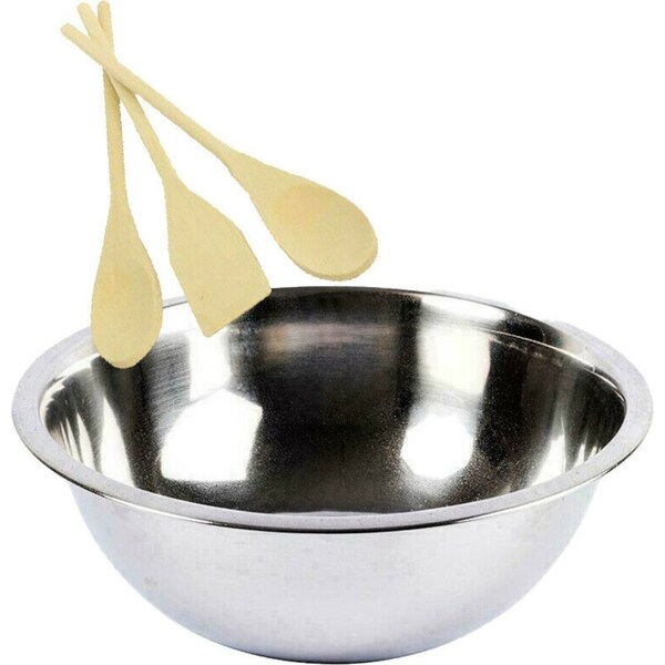 Ozoffer 4pcs Mixing Bowl Stainless Steel 28cm & Wooden Spoons 30cm Set