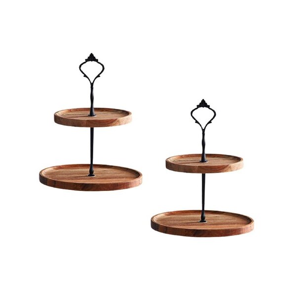 SOGA 2X 15cm 2 Tier Brown Round Wooden Acacia Dessert Tray Cake Snacks Cupcake Stand Buffet Serving Countertop Decor