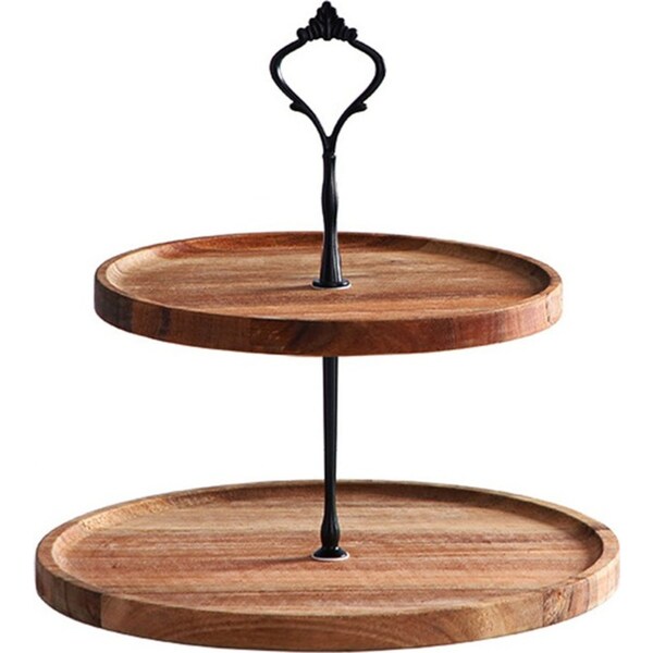 SOGA 20cm 2 Tier Brown Round Wooden Acacia Dessert Tray Cake Snacks Cupcake Stand Buffet Serving Countertop Decor2 Tier