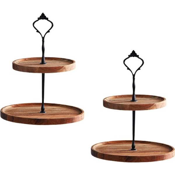 SOGA 2X 20cm 2 Tier Brown Round Wooden Acacia Dessert Tray Cake Snacks Cupcake Stand Buffet Serving Countertop Decor