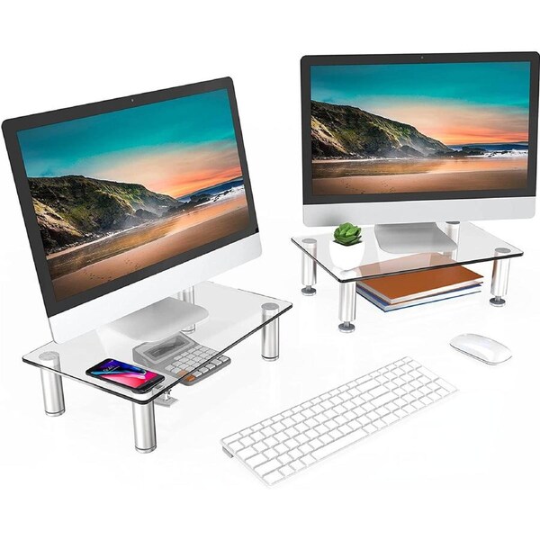 Dual Monitor Stand –Adjustable Glass Computer Monitor Riser, Clear Desktop Stand, 2 Pack