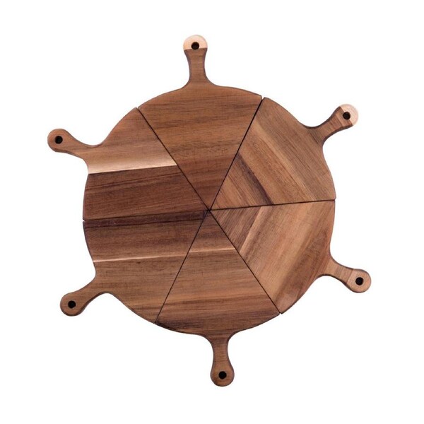 SOGA 6 pcs Brown Round Divisible Wood Pizza Server Food Plate Board Pizza Paddle Cutting Board Home Decor