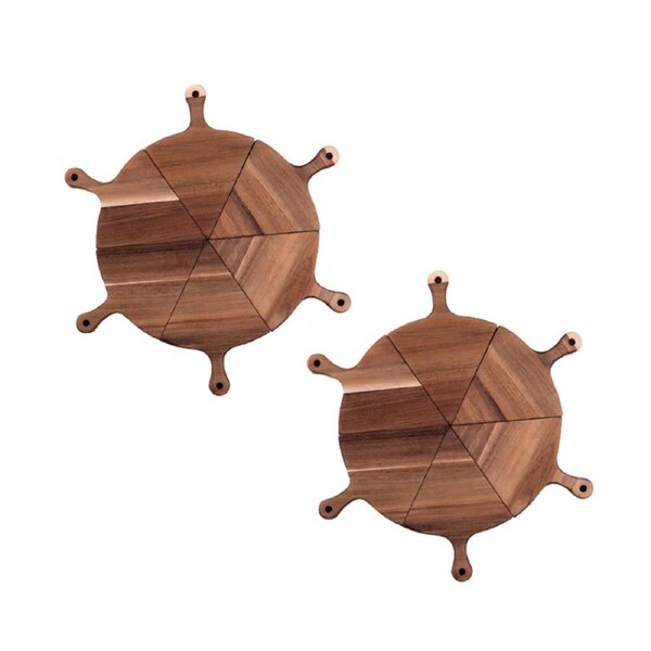 SOGA 2X 6 pcs Brown Round Divisible Wood Pizza Server Food Plate Board Pizza Paddle Cutting Board Home Decor