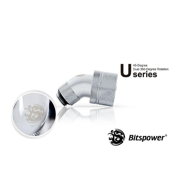 Bitspower G1/4" Silver Shining Dual Rotary 45-Degree Compression Fitting CC5 Ultimate For ID 1/2" OD 3/4" Tube [BP-45R2CPF-CC5U]
