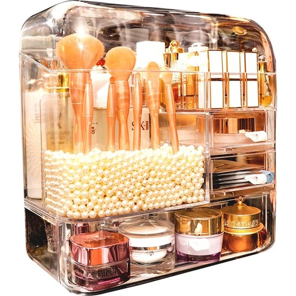 SOGA Transparent Cosmetic Storage Box Clear Makeup Skincare Holder with Lid Drawers Waterproof Dustproof Organiser with Pearls