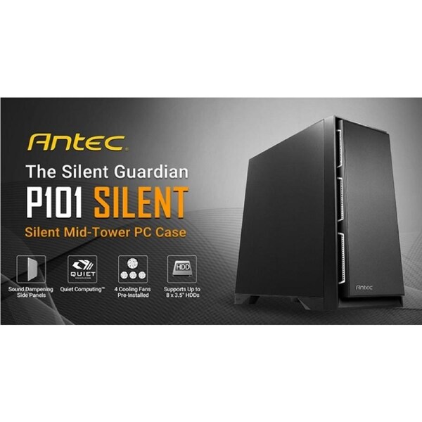 Antec P101 Silent ATX, E-ATX Case, 1x 5.25'Ext, 8x 3.5' HDD, 2x 2.5' SSD, VGA up to 450mm, CPU Height 180mm. PSU 290mm. Two Years Warranty
