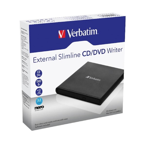 Verbatim External Slimline CD/DVD Reader, Writer, Burner, Player, Ultra Portable on the Go, Notebooks, USB Powered Black Mobile, Retail Pack