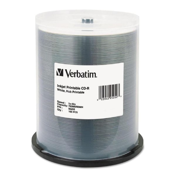 Verbatim CD-R 700MB 100Pk White Wide InkJet 52x Ideal for full-surface, edge-to-edge printing