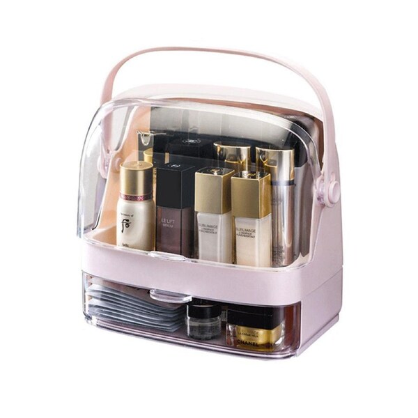 SOGA 2 Tier Pink Countertop Makeup Cosmetic Storage Organiser Skincare Holder Jewelry Storage Box with Handle