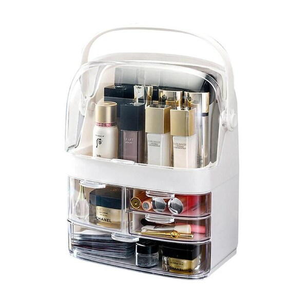 SOGA 3 Tier White Countertop Makeup Cosmetic Storage Organiser Skincare Holder Jewelry Storage Box with Handle