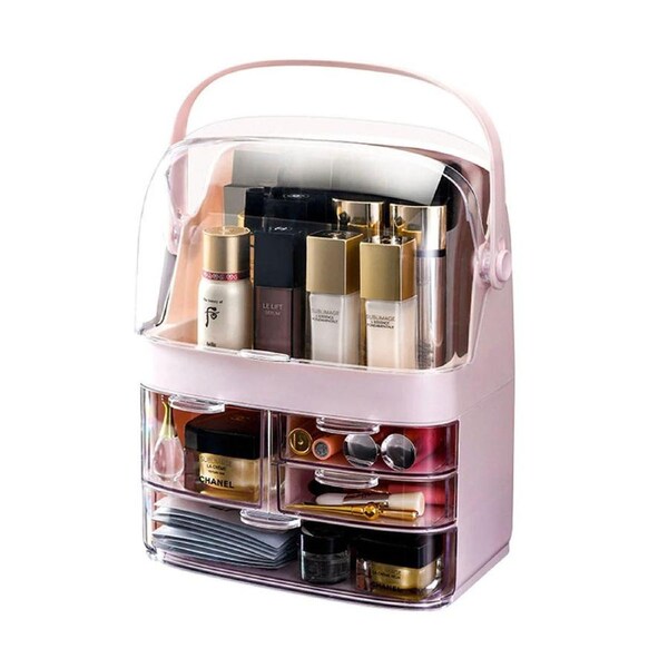 SOGA 3 Tier Pink Countertop Makeup Cosmetic Storage Organiser Skincare Holder Jewelry Storage Box with Handle