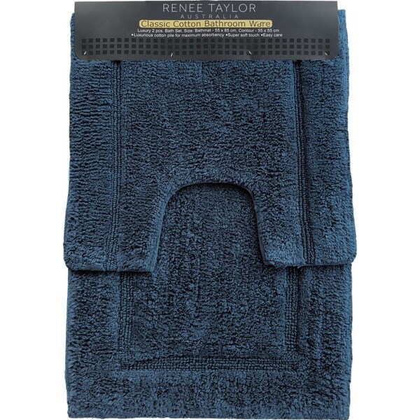 2pc Renee Taylor Tufted Bath/Contour Mat Set Cotton 2200GSM Toilet Blue Mirage