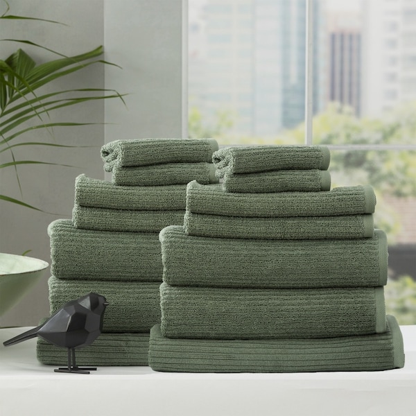 14pc Renee Taylor Cobblestone Bath/Face Hand Towel Set 650GSM Cotton Ribbed Sage