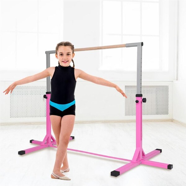 Costway Gymnastics Bar Junior Training Bar Horizontal Kip Bar Sports Adjustable Height Home Gym Equipment Pink
