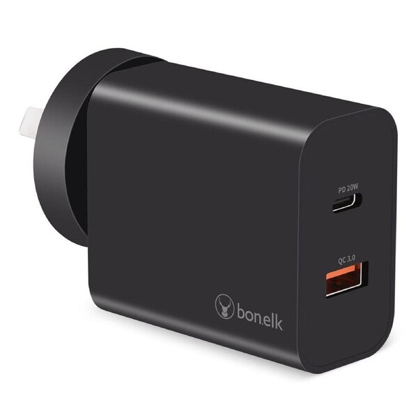 Bonelk AC Wall Charger 20W PD/USB-C 18W/QC USB-A 38W Adapter Plug AU/NZ Black