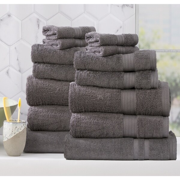 14pc Renee Taylor Stella Bath Towel/Mat Set Soft Bamboo Cotton 650 GSM Charcoal
