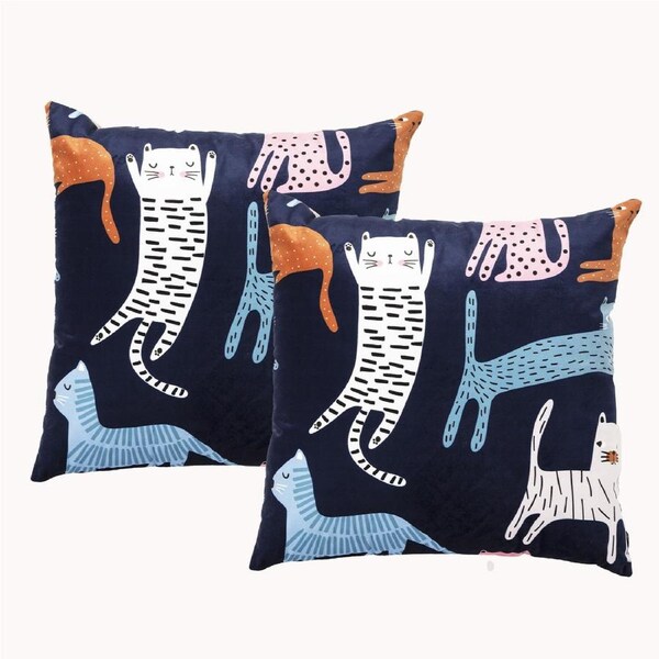 2pc Renee Taylor 50cm Pillow Square Velvet Printed Sofa Fill Cushions Misty Cat