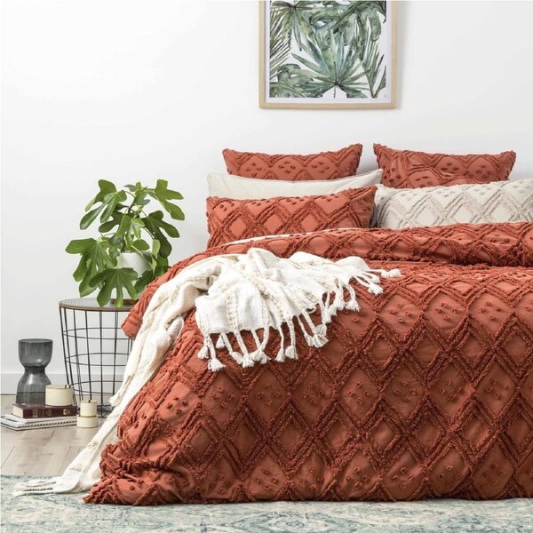 Park Avenue Medallion King Bed Quilt Cover Vintage Washed Tufted Cotton Auburn