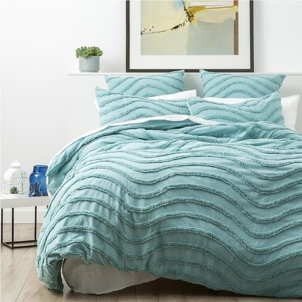 Cloud Linen Wave Double Bed Quilt Cover Chenille VINT Washed Tufted Cotton Aqua