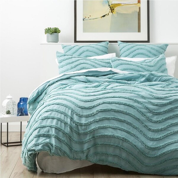 Cloud Linen Wave King Bed Quilt Cover Chenille Vintage Washed Tufted Cotton Aqua