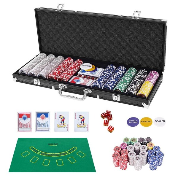 Costway Poker Chip Set 500PC Chips Texas Hold'em Poker Sets Casino Playing Cards Dice Gamble Game Party, Black