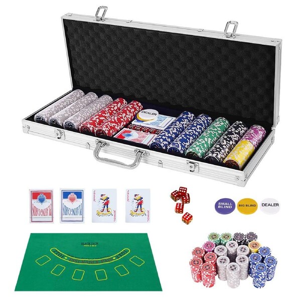 Costway Poker Chip Set 500PC Chips Texas Hold'em Poker Sets Casino Playing Cards Dice Gamble Game Party, Silver