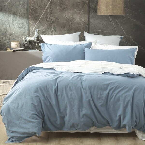 Renee Taylor Essentials Queen Bed Quilt Cover VINT Stone Washed Reversible Blue