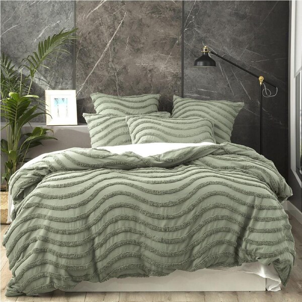 Cloud Linen Wave Double Quilt Cover Cotton Chenille Vintage Washed Tufted Sage