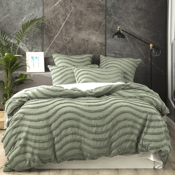Cloud Linen Wave Super King Quilt Cover Cotton Chenille VT Washed Tufted Sage