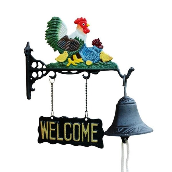 Cast Iron Hand Painted Chicken Garden Welcome Hanging Door Bell