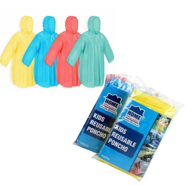 2PCS Kids Raincoat Coloured Lightweight Poncho Quick Drying Drawstring Hood