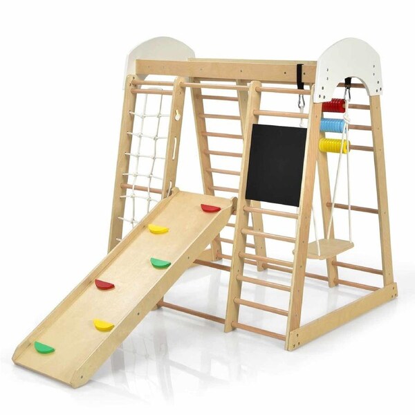 Costway Climb Playset 8-IN-1 Climbing Frame Playground Swing Slide Set w/Climb Board Wooden Indoor Activity Center