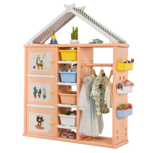 Costway Wardrobe Portable Clothes Closet Armoire Toy Storage Cabinet Organizer Furniture Orange