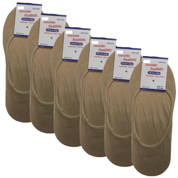 6x NO SHOW COTTON SOCKS Non Slip Heel Grip Low Cut Invisible Footlet Seamless Beige / 2-8