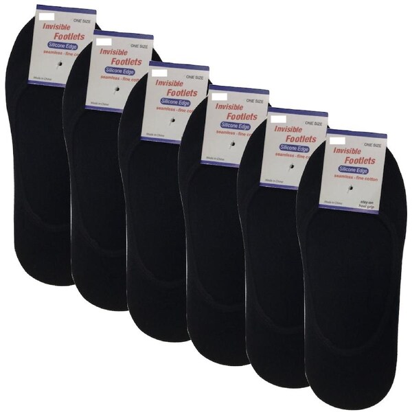 6x NO SHOW COTTON SOCKS Non Slip Heel Grip Low Cut Invisible Footlet Seamless Black / 2-8