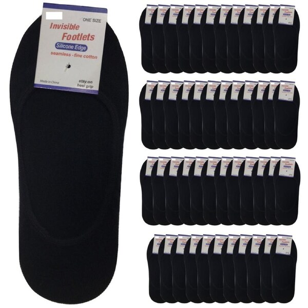 48x NO SHOW COTTON SOCKS Non Slip Heel Grip Low Cut Invisible Footlet Seamless Black / 2-8