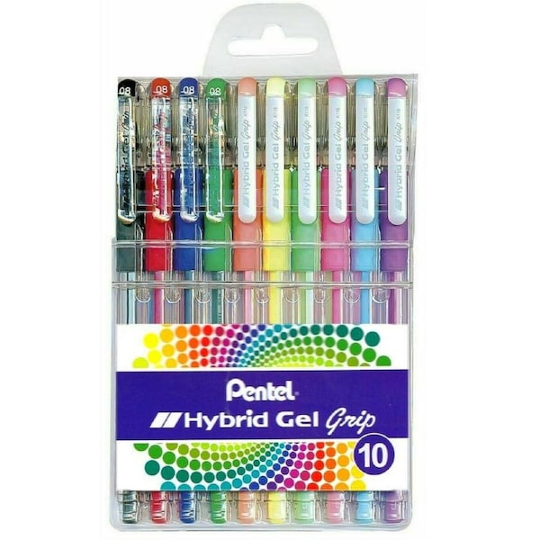 PENTEL 10pk Coloured Hybrid Gel Grip Pens - Acid Free Ink