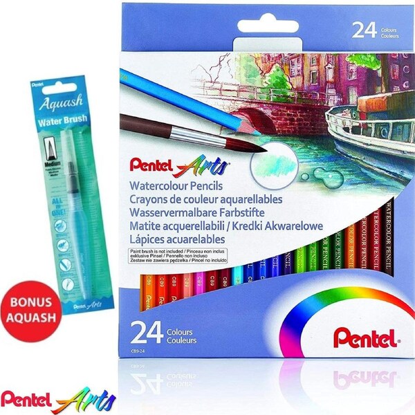 Pentel Arts 24pk Watercolour Pencils Bonus Water Brush