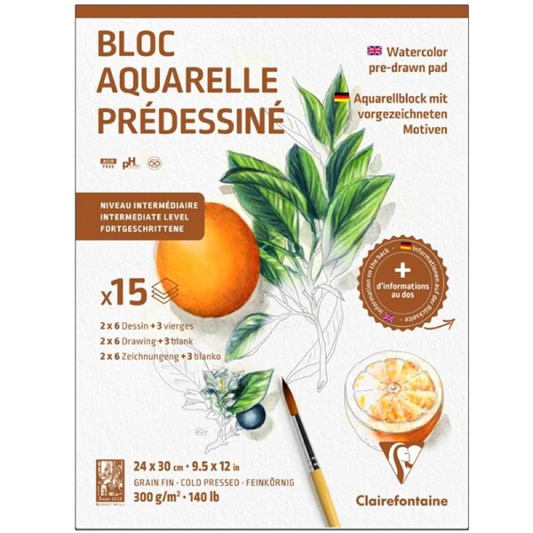 Clairefontaine Pre-Drawn Learning Watercolour Painting Colouring Pad 300gsm - Botanical