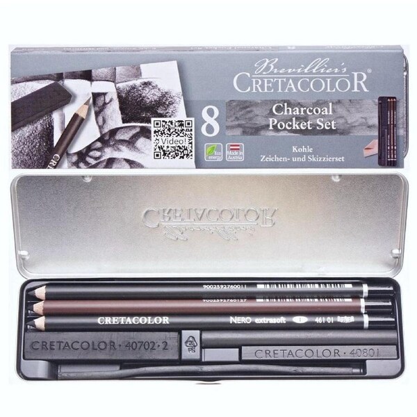 Cretacolor 8-Piece Charcoal Artist Drawing Set in Pocket Tin